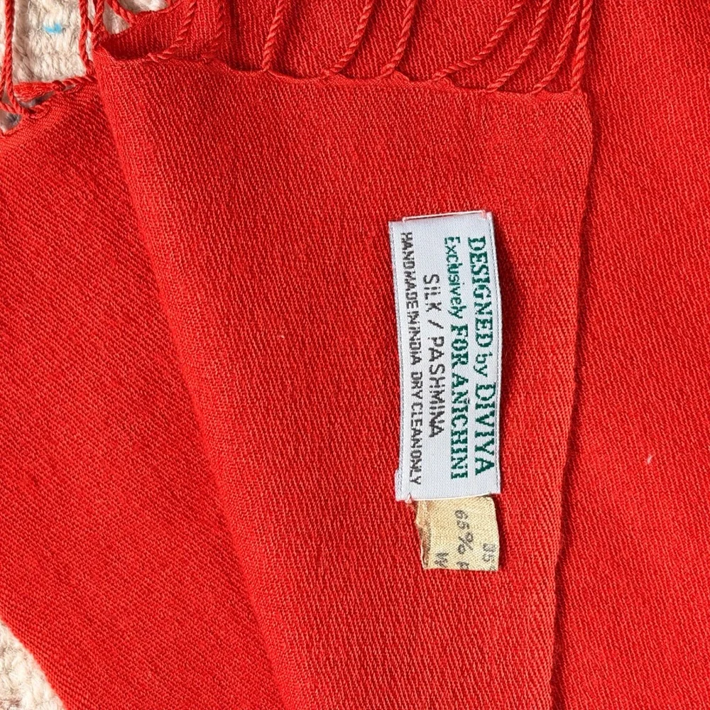 Vintage Anichini Diviya Silk Pashmina Handmade Scarf Fringe Wrap Shaw Orange/Red
